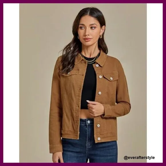 Stretch Fitted Denim Jacket Long Sleeve Button Down Classic Chic Y2K - Picture 7 of 8